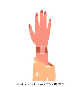 Female hand raised up. Women wrist with leather bracelet and red nails on fingers. Arm with jewellery, accessories, gesturing, rising. Flat vector illustration isolated on white background