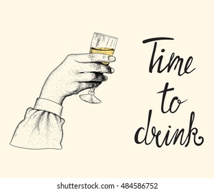 Female hand raises a glass of champagne on white background.Engraved work.Vintage style.Vector illustration