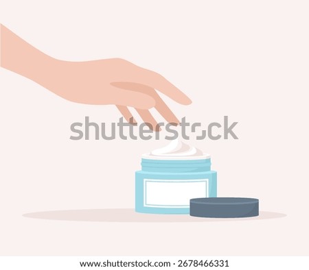 Female hand reaching for an open jar of cream, flat vector illustration