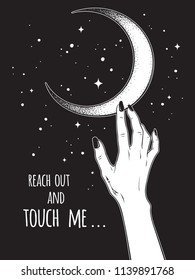 Female hand reaching out to the Moon vector illustration. Black work, dot work, line art, flash tattoo, poster or print design