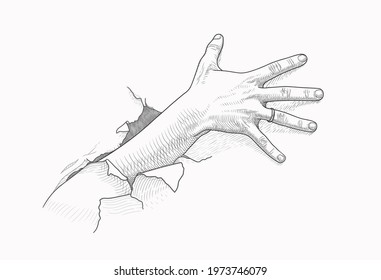 A female hand reaching for something. A palm breaks through an obstacle and tries to grab something. Vector illustration, hand drawing style, EPS 10. Black Friday, secret desire, stealing concept.