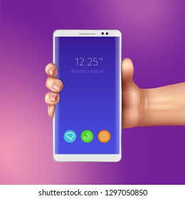 Female hand and realistic white smart phone with icons of mobile apps on screen vector illustration