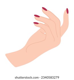 Female hand with red manicure. Arm of a white woman. Call to yourself with a gesture. Non-verbal language. A palm-up perspective. Finger pointing. Delicate minimalist illustration in flat style.