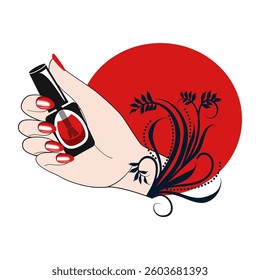 female hand with red manicure holds nail polish beauty salon