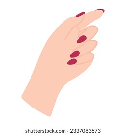 Female hand with red manicure. Hand knock. Non-verbal language. Palm forward. Arm of a white woman. Finger pointing and gesture. Delicate minimalist illustration in flat style. Hand pose.