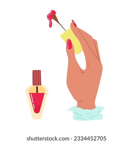 Female hand with red manicured nails holding brush for polish. Nails design and jar of polish. Concept of beauty. Hand drawn colored modern vector illustration isolated on white background