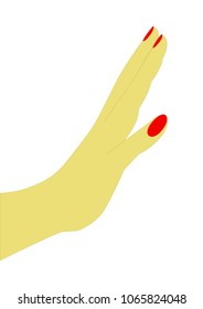 Female hand with red nails. Stretched hand. A hand pointing to a stop command or something to touch. Isolated in transparent background.