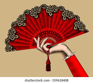 Female hand with red open fan. Vintage color engraving stylized drawing. Vector illustration