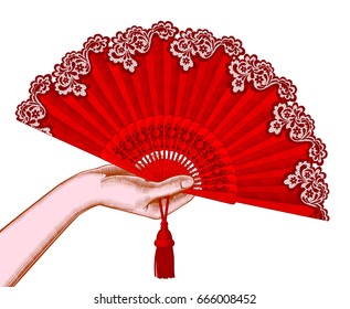 Female hand with red open fan. Vintage engraving stylized drawing. Vector illustration