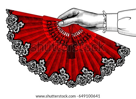 Female hand with red open fan. Vintage engraving stylized drawing. Vector illustration