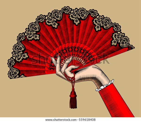 Female hand with red open fan.\
Vintage color engraving stylized drawing. Vector\
illustration