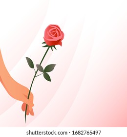 Female hand with a red rose. Romantic vector illustration about love and passion with place for text.