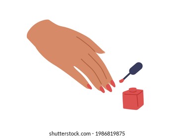 Female hand with red-painted fingernails, brush, and open bottle of nail polish. Women fingers with enamel. Colored flat vector illustration isolated on white background