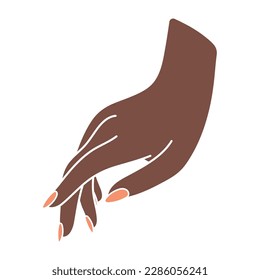 Female hand in relaxed pose. Beautiful arm of black woman. Reaches for something. Palm down perspective. Delicate minimalist illustration in boho style. Fashionable manicure. Non-verbal gesture