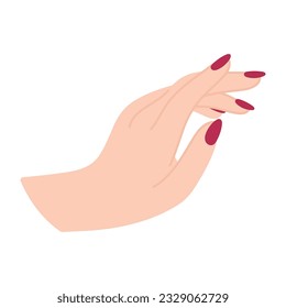 Female hand in relaxed pose. Beautiful arm of white woman. Reaches for something. Palm down perspective. Delicate minimalist illustration in flat style. Red manicure. Non-verbal gesture
