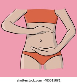 Female hand in a ring shape on the background of women's flat stomach. Color image.
