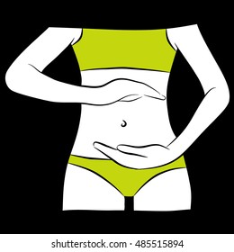 Female hand in a ring shape on the background of women's flat stomach. White  silhouette on a black background.