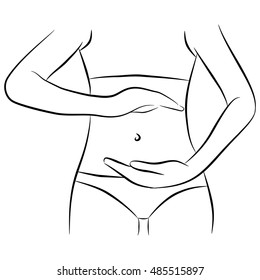 Female hand in a ring shape on the background of women's flat stomach. Black contour on white background.