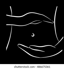 Female hand in a ring shape on the background of women's flat stomach. White outline on black background.