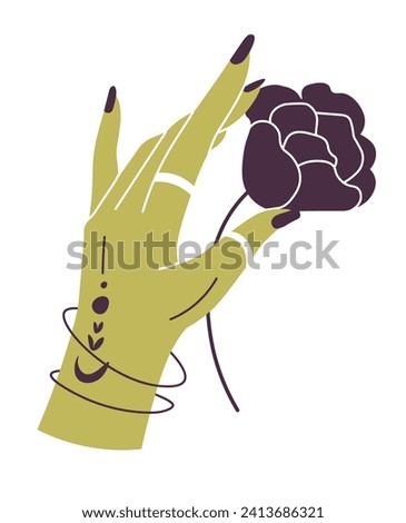 Female hand with rings, bracelets and henna inspired tattoos. Isolated palm with long and graceful fingers holding rose. Bohemian aesthetic with mystical and symbolic elements. Vector in flat style