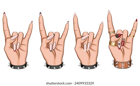 Female Hand in Rock Gesture illustration. Heavy Metal Sign. Female Hand with Beautiful Manicure and Rings.  Beauty Salon design concept HAND DRAWN vector art