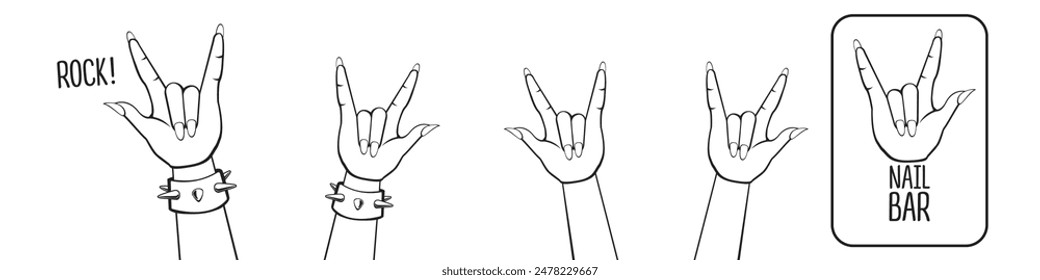 Female Hand in Rock Gesture set vector illustration. Heavy Metal and rock n roll Sign. Beauty studio and Nail bar Salon concept logo design template. Woman hands collection line art style