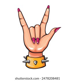 Mano femenina en Rock Ilustración vectorial de gestos. Heavy Metal y rock n roll Signo. Mano femenina con hermosa manicura rosa y pulsera de cuero naranja. Plantilla de diseño de concepto de salón de belleza y uñas 