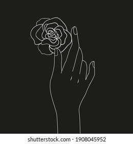 Female hand with rose in minimal linear style. Modern single line art. Vector illustration.