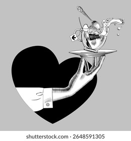 Female hand with a saucer, glass transparent cup with splash of tea, spoon and tea bag inside in a heart-shaped frame. Drawing in black and white vintage engraving style. Vector Illustration