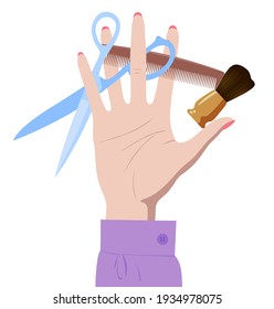 Female hand with scissors, brush and comb between fingers. Barbershop symbol and metaphor with tools. Colorful vector illustration in flat style