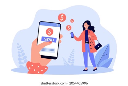 Female hand sending money to woman online. Person using mobile app for financial transaction flat vector illustration. Money transfer service concept for banner, website design or landing web page