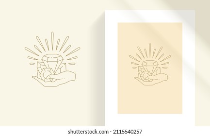 Mano hembra con brillantes cristales esotéricos de línea de arte estilo ilustración vectorial. Dibujo lineal místico boho para la decoración de afiches y emblemas de logotipo o para la impresión de moda.
