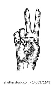 Female hand show sign victory or peace. Vector black vintage engraving illustration isolated on a white background. Hand drawn design for web, poster, info graphic