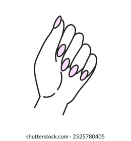 Mão Feminina Mostrando Unhas Polidas Bonitas. Mulher gesto de manicura com dedos cerrados. Ícone de arte de linha. Ilustração isolada de vetor