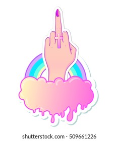 Female hand showing middle finger, cloud, rainbow. Realistic style vector illustration in pink pastel goth colors isolated on white. Sticker, patch, poster graphic design. Gay, lesbian concept.