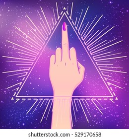 Female hand showing middle finger over triangle with rays. Feminism concept. Realistic style vector illustration in pink pastel goth colors over night sky on background. Sticker, patch, poster design.
