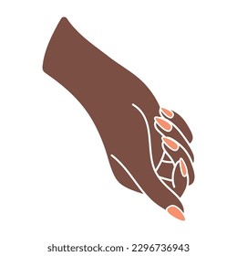 Female hand showing nails. Arm of a black woman. Side view of the palm. Fist gesture or hand sign. Non-verbal language. Delicate minimalist illustration in boho style. Beautiful manicure