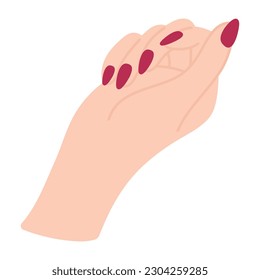 Female hand showing nails. Arm of a white woman. Side view of the palm. Fist gesture or hand sign. Non-verbal language. Delicate minimalist illustration in flat style. Beautiful manicure