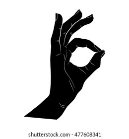 Female hand showing ok, black silhouette on a white background