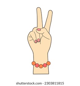 Female hand showing peace sign. Hippie symbol. Gesture with fingers lifted up showing number two. Vector illustration isolated on white background. 