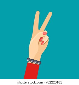 Female hand showing Peace or V shape gesture. Vector flat style illustration