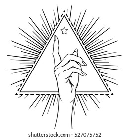 Female hand showing pointing finger over triangle with rays. Black, white vector illustration in vintage style isolated on white.. Sticker, patch, poster graphic design.