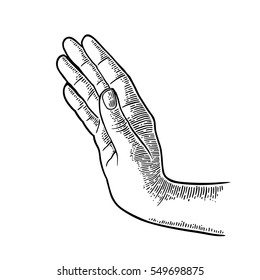 Female Hand Showing Stop Gesture. Vector Black Vintage Engraving Illustration Isolated On A White Background. For Web, Poster, Info Graphic.