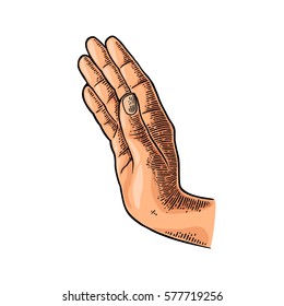 Female hand showing stop gesture. Vector color vintage engraving illustration isolated on a white background. For web, poster, info graphic.