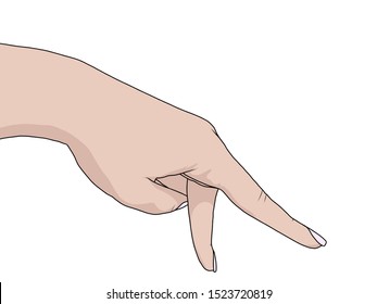 Female hand showing walking fingers gesture. Outline icon isolated on white background. Realistic drawing. Vector illustration