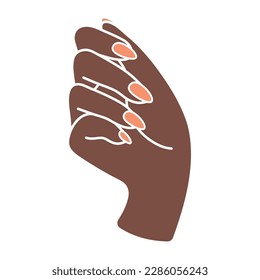 Female hand shows nails in fist. Palm turned forward. Arm of a black woman. Hand gesture or sign. Non-verbal language. Delicate minimalist illustration in boho style. Beautiful manicure