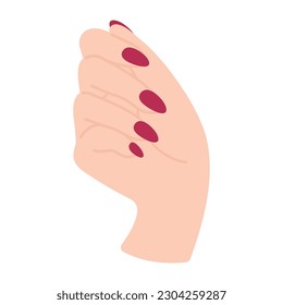 Female hand shows nails in fist. Palm turned forward. Arm of a white woman. Hand gesture or sign. Non-verbal language. Delicate minimalist illustration in flat style. Beautiful manicure