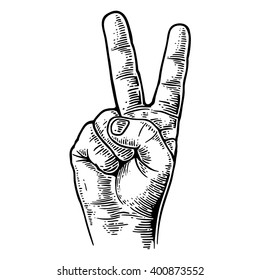Female hand sign victory or peace and scissors.  Vector black vintage engraved illustration isolated on a white background. For web, poster, info graphic.