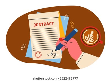 Female hand signed contract papers. Agreement with signature and stamp. Hiring for work concept. Business document with seal. Flat vector illustration.