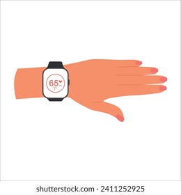 Female hand with Smart watch with pulse heart on screen. Heartbeat rate tracker app. 
